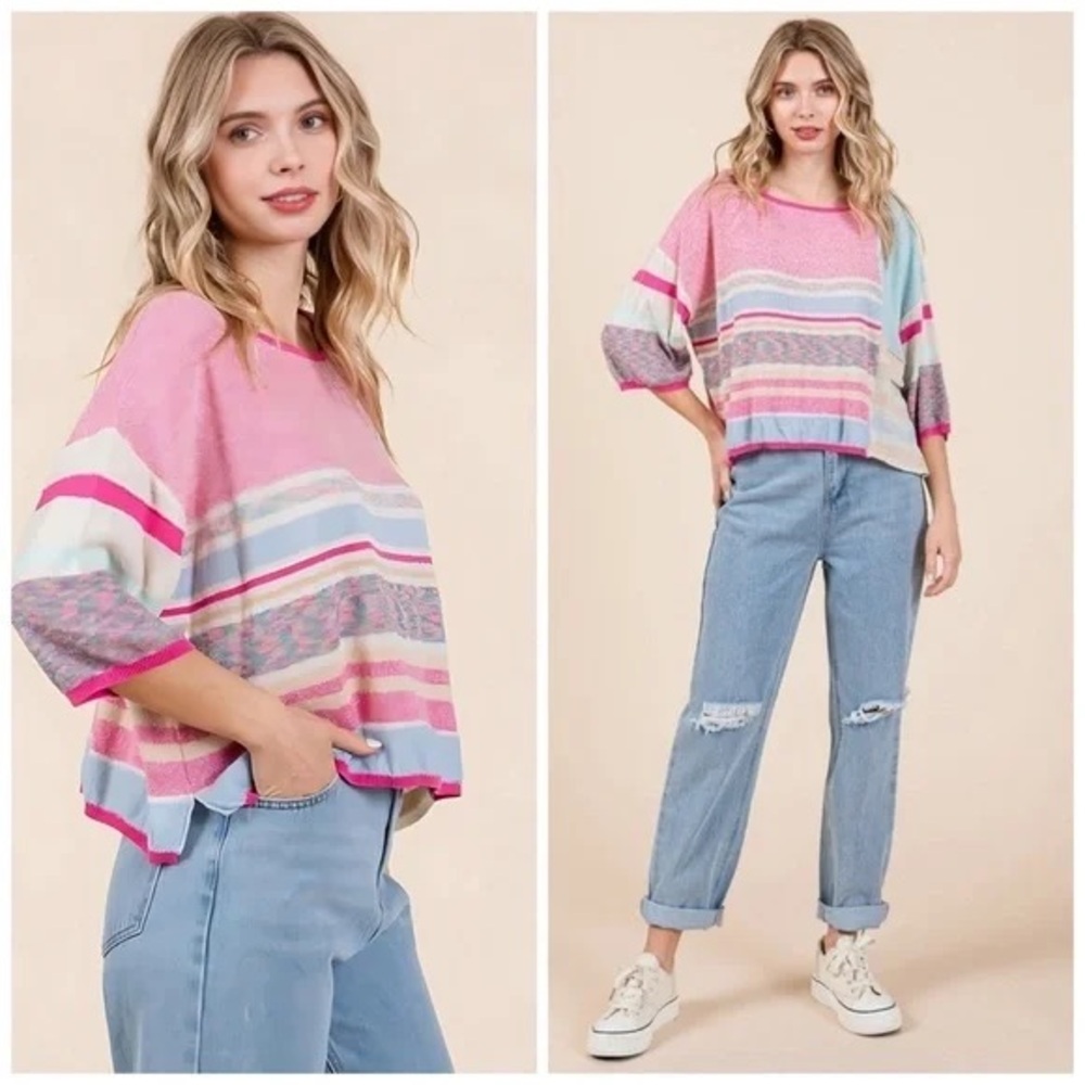 FATE Striped 3/4 Sleeve Knit Sweater Top